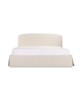 Beige bed frame with white mattress on a white background