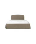 Beige upholstered bed with white mattress on a white background