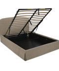 Beige bed frame with black metal headboard on a white background