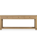Wooden console table with three drawers on a white background