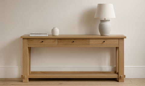 Wooden console table with decorative items against a plain wall