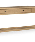 Wooden console table with three drawers on a white background