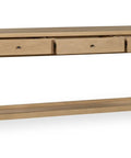 Wooden console table with three drawers on a white background