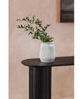 White vase with green plant on a black table against a beige wall