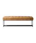 Brown leather bench with black metal legs on a white background